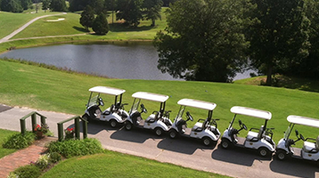 carts in a line on a golf course